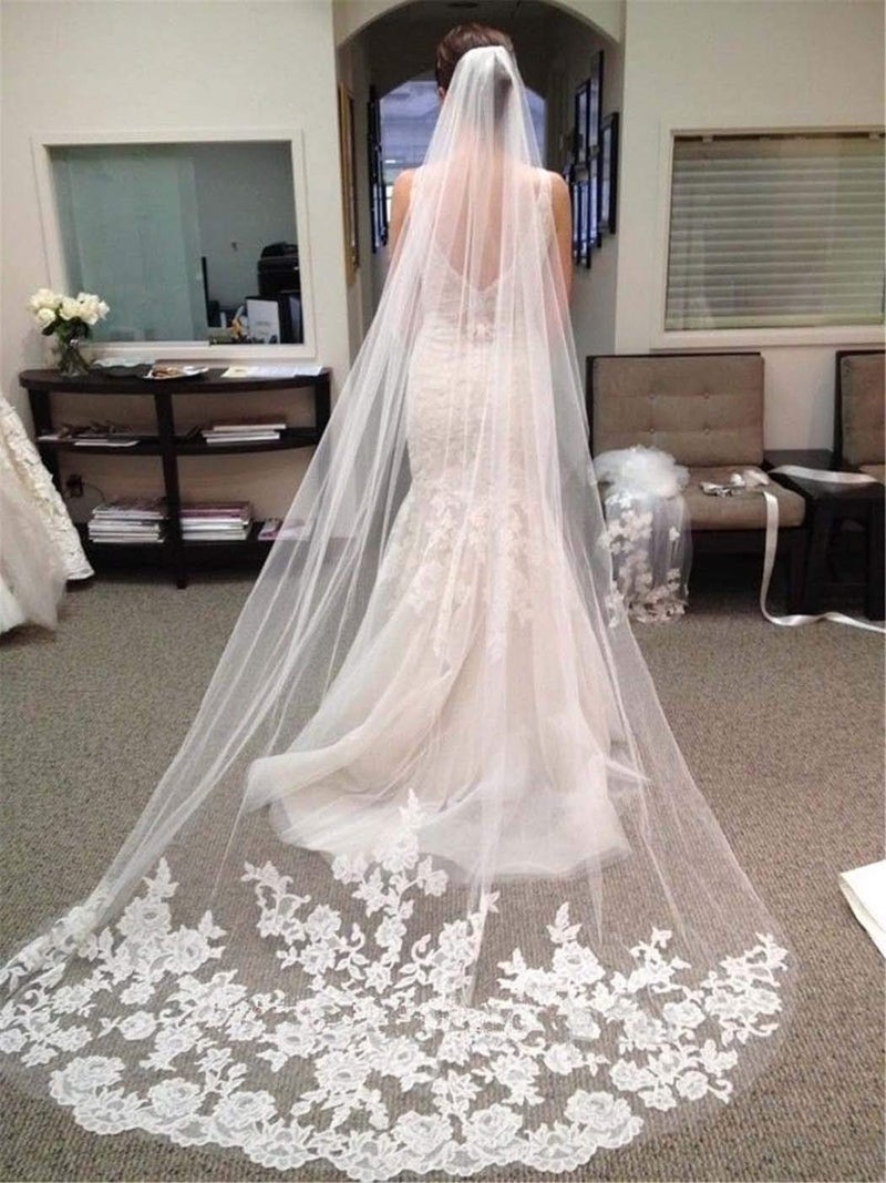 Bmirth 1 Layer Bridal Wedding Veil Cathedral Long Length Lace Bride Tulle Hair Accessories With Comb for women Floral 118" Veil Headpeice (White-2) - Image 1